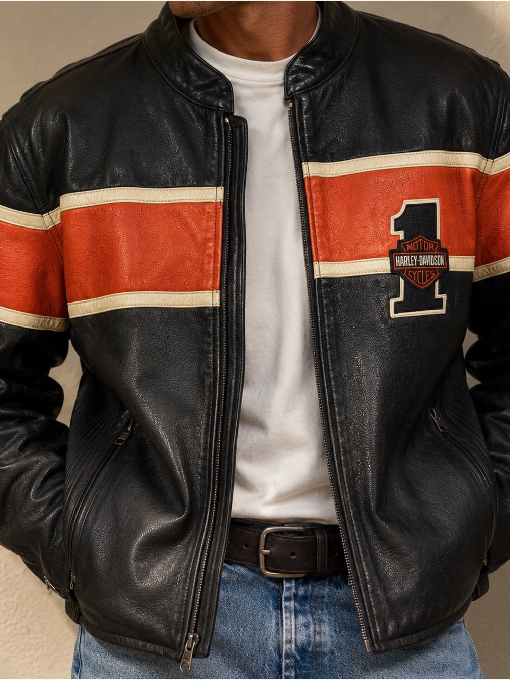 Vintage Harley-Davidson Genuine Leather Racing Jacket Black Orange 3XL